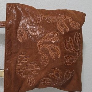 Elegant Brown Leather Embossed Shoulder Bag.  KARAM New York